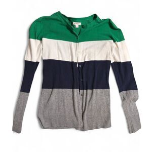 Striped Colorblock Women's Fitted Cardigan Merona Size XS Green White Navy Grey